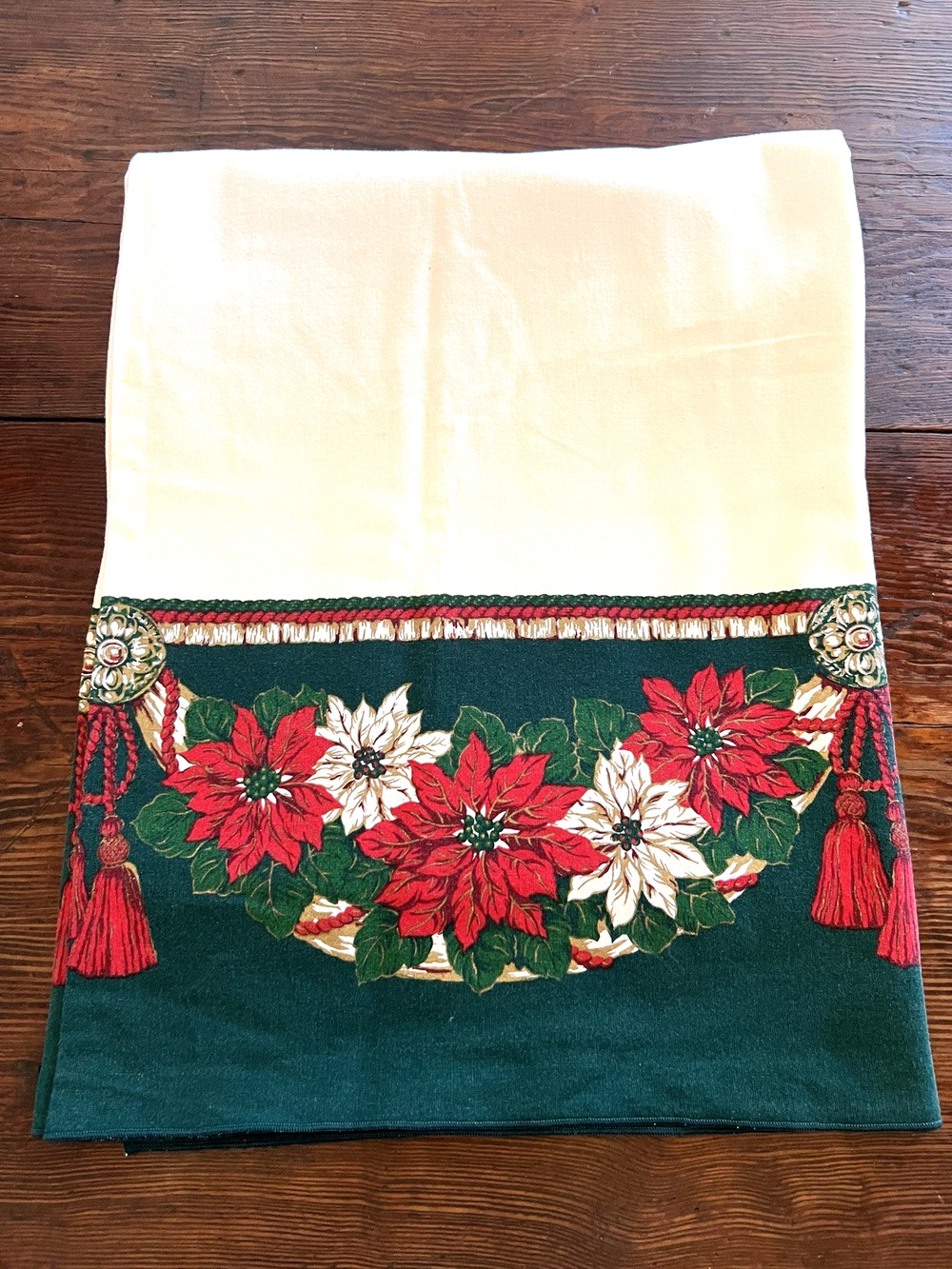Fashion Industries Christmas Poinsettia Cotton Tablecloth 99" x 60" EXCELLENT